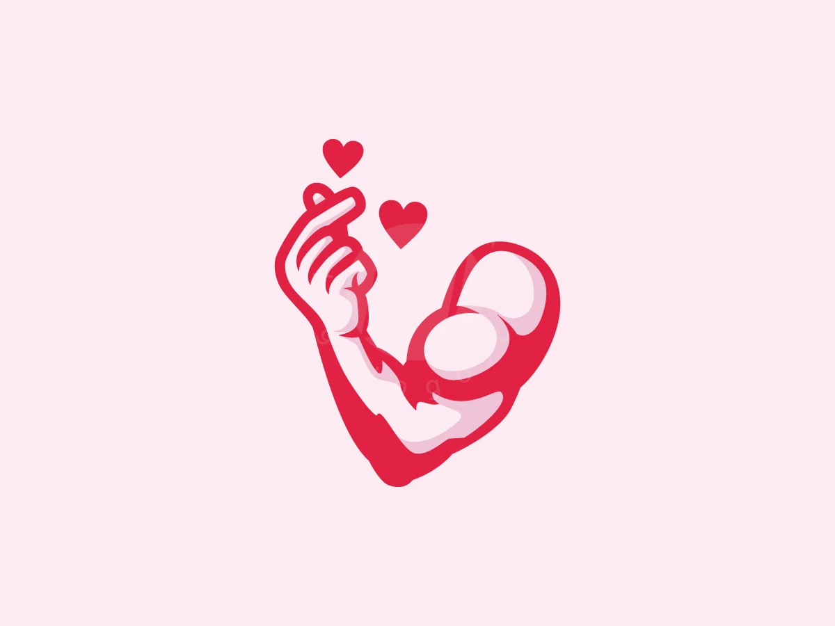 Hearts float above a red muscular arm making a finger heart gesture for this cartoon Power Of Love Sign logo.