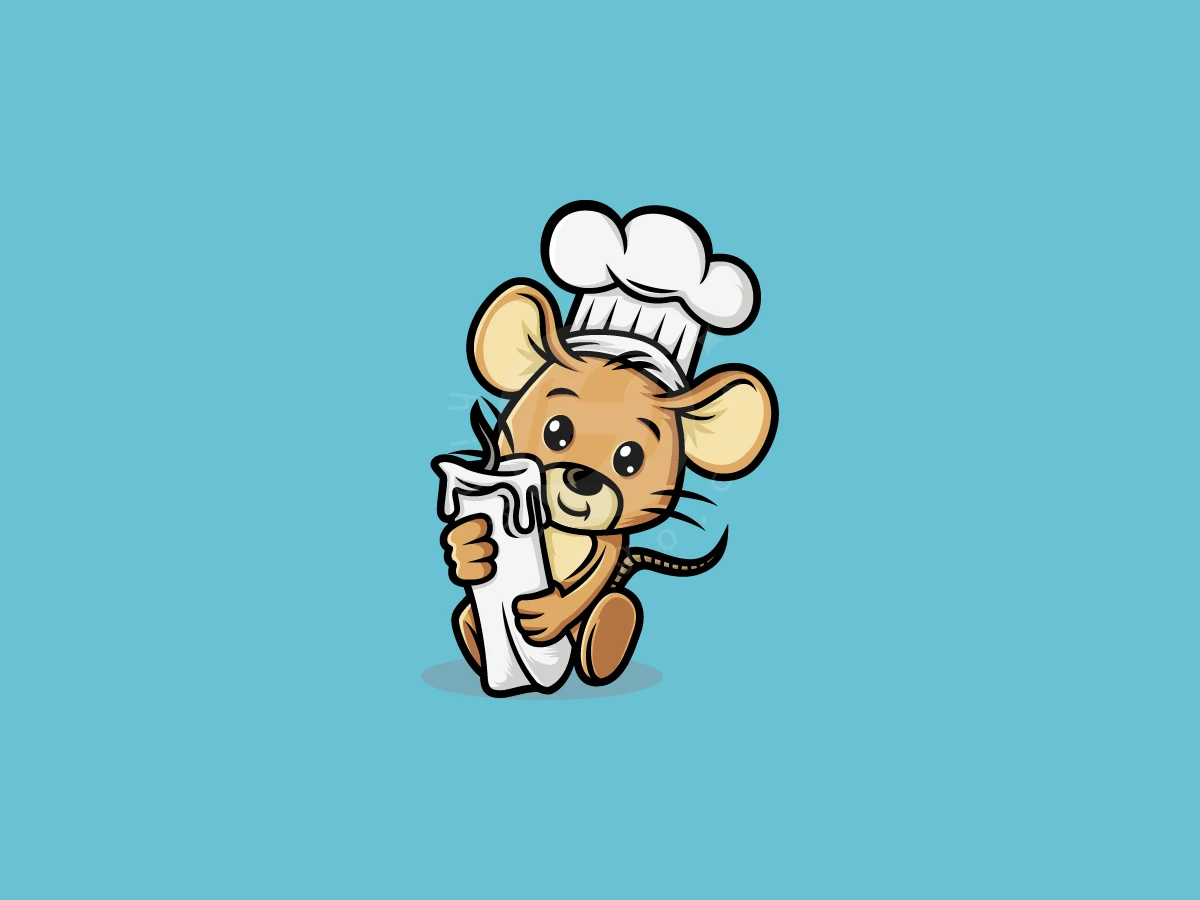 Chef mice cartoon logo features a tan mouse in a white hat holding a large melting candle on blue.