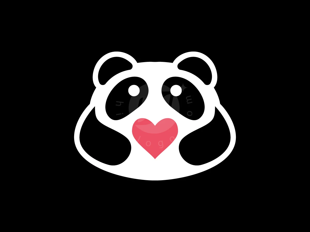 Minimalist Cute Panda Face With Heart Logo, Against a black background, a stylized panda head holds a pink heart between its rounded black paws.