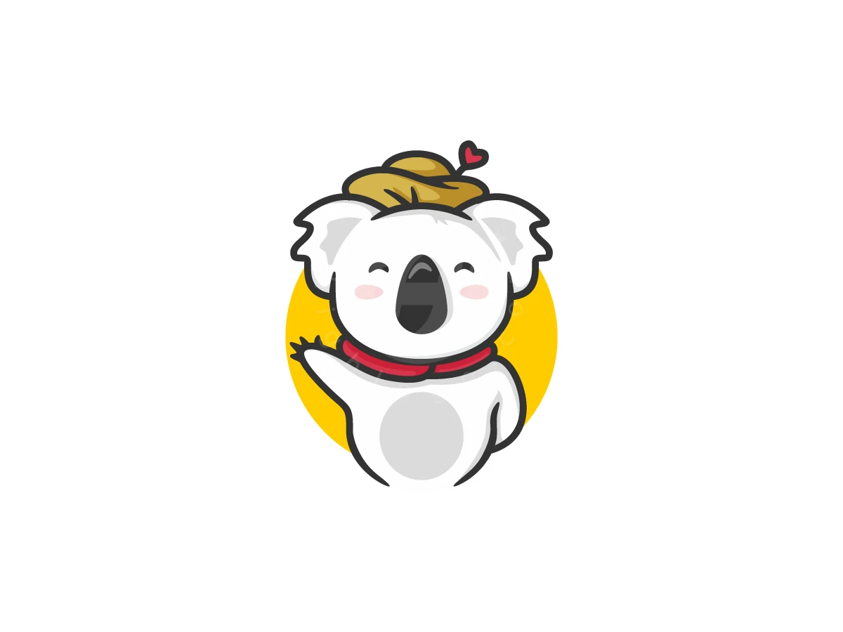 Fun Detective Koala Cartoon Logo, Koala character wearing a red scarf and gold beret with a heart waves against a yellow circle.