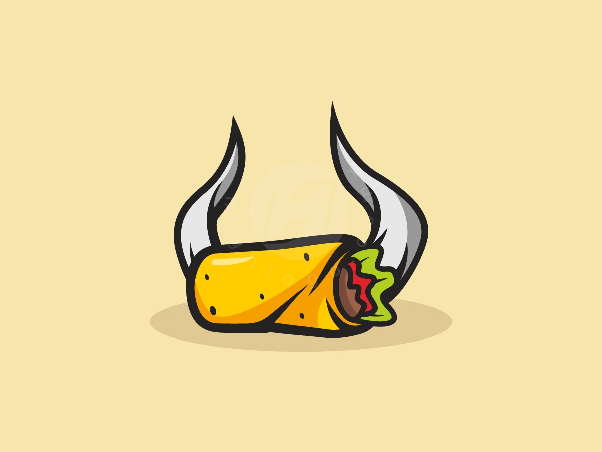 Fun Burrito Bull Cartoon Logo, Horns emerge from a yellow burrito filled with brown meat and green lettuce on a pale yellow background.