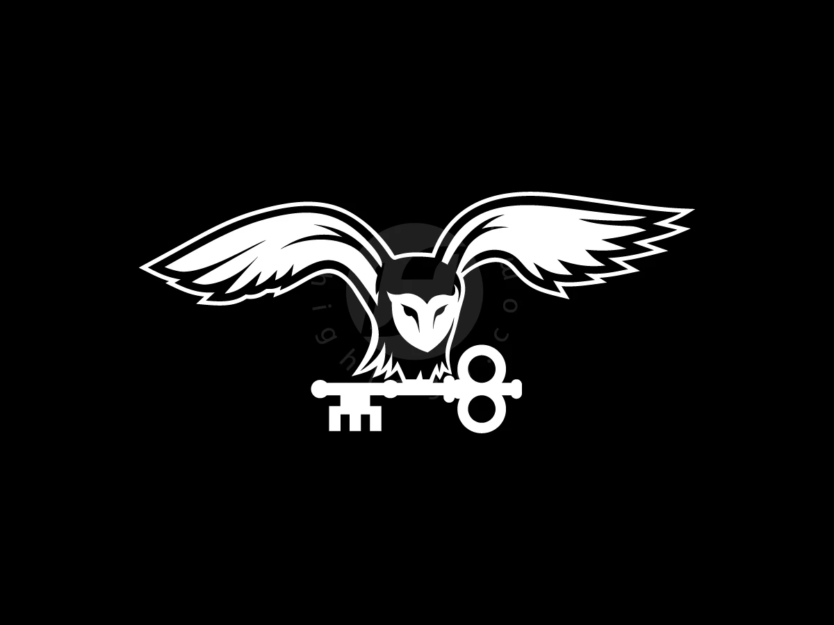 Simple Silhouette Key Owl Logo, Widespread white wings of a stylized owl clutch a vintage skeleton key against a solid black background.