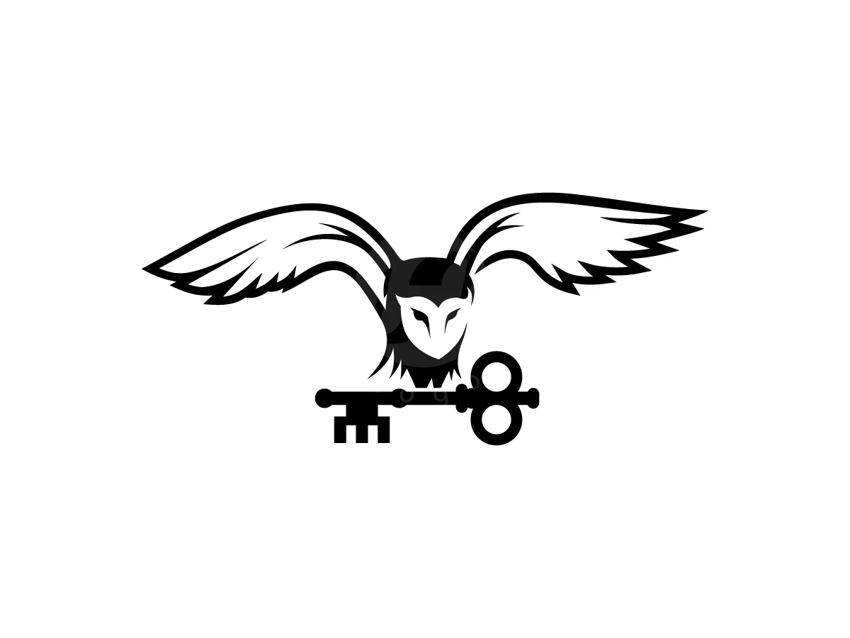 Simple Silhouette Key Owl Logo, Wings spread wide, a black and white stylized owl perches directly above a horizontal vintage skeleton key.