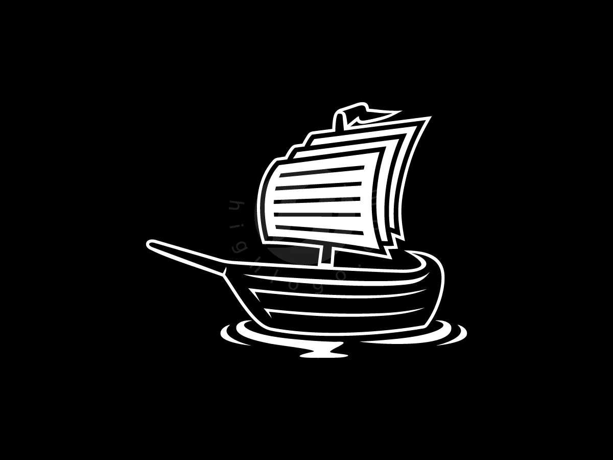 Modern Silhouette Paper Boat Logo, White vector line art depicts a traditional junk boat with striped sails on a solid black background.