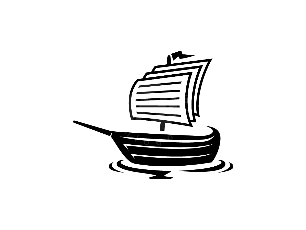 Modern Silhouette Paper Boat Logo, Floating on curved black waves, a stylized black and white sailing ship features layered rectangular sails.