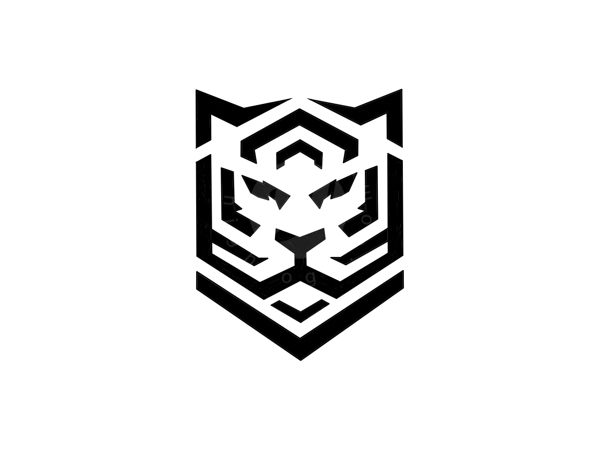 Geometric black lines form a symmetrical tiger face within a shield silhouette for this minimalist abstract logo.