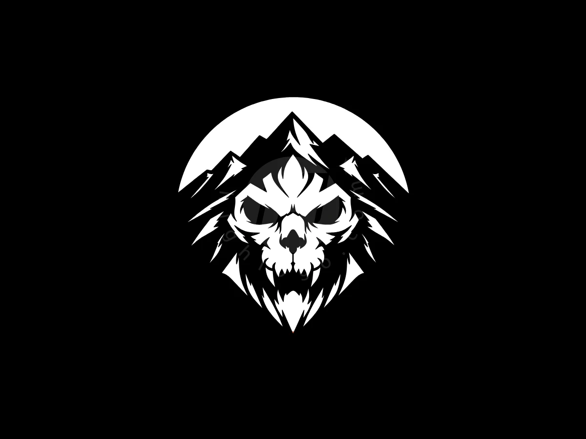 Jagged mountain peaks form the mane of a snarling lion skull in this monochromatic circular logo.