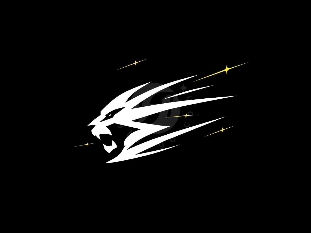 Lion-faced Space Comet Logo, Jagged white lines form a roaring lion head with speed streaks and yellow stars on a black background.