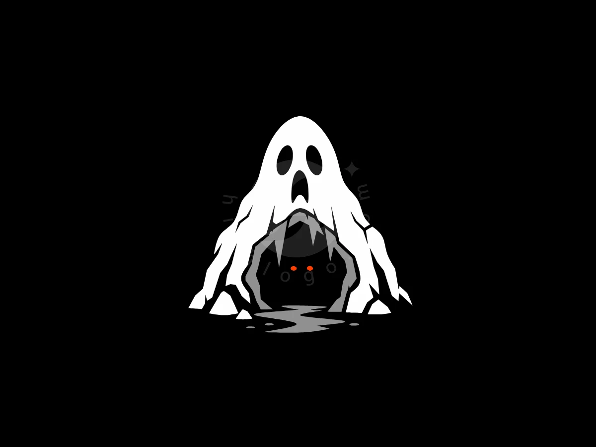 Modern Ghost Cave Logo, Red eyes glow inside a jagged cave entrance shaped like a white ghost against a black background.