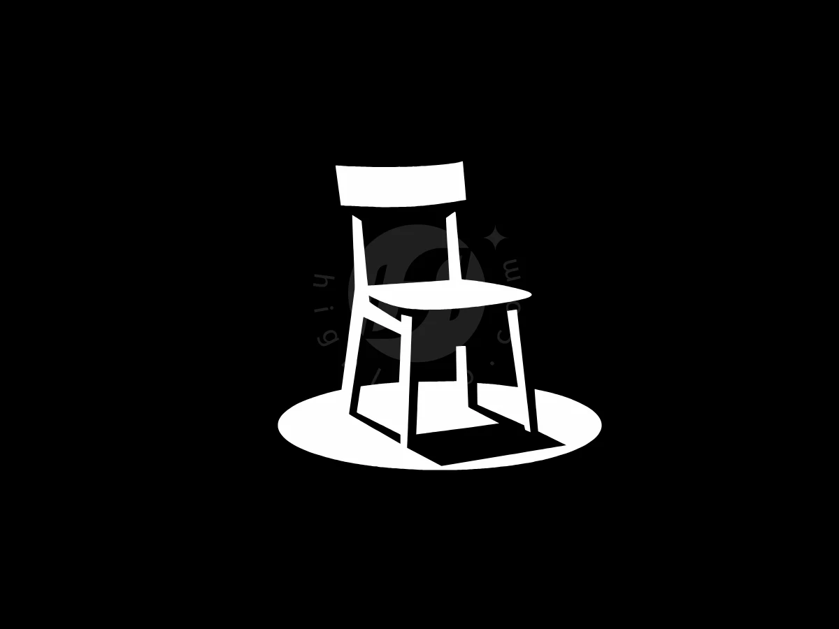 Chair In The Spotlight, Against a dark background, a white chair silhouette rests on a bright oval base with subtle, circular typography.