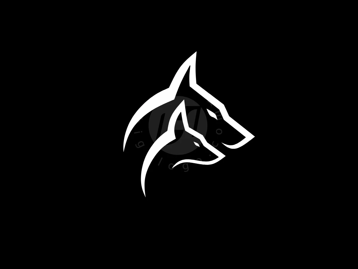 Fox And Wolf Faces, Against a black background, two stylized white wolf outlines are nested together in a minimalist profile design.