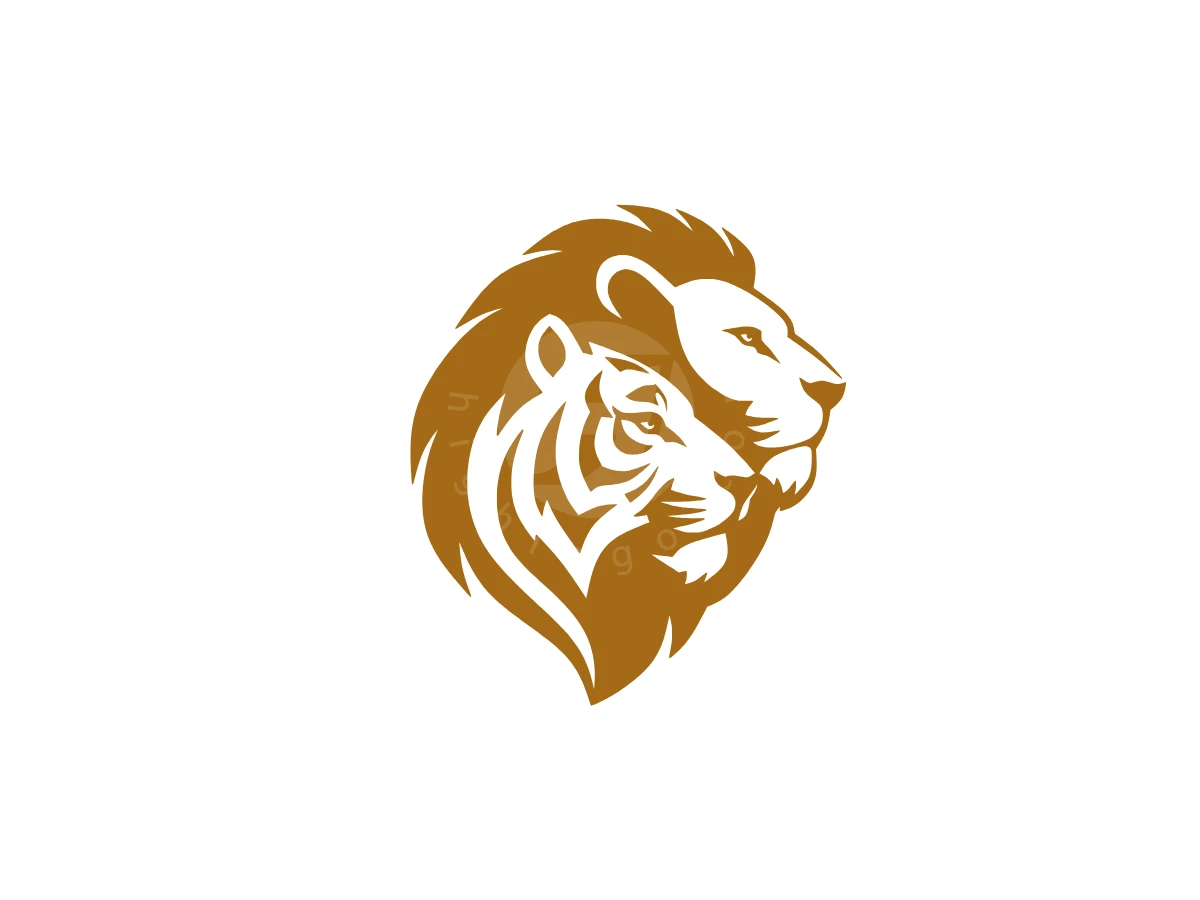 Lion And Tiger Faces, Golden-brown silhouettes of a lion and a tiger seamlessly blend together in negative space against a white background.