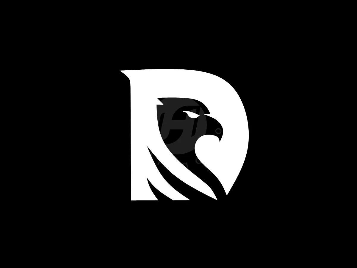 Letter D Eagle, Negative space within a white letter D forms a sharp eagle head profile on a solid black background.