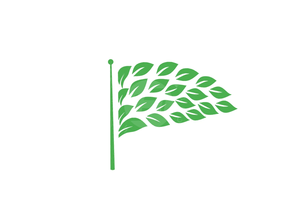 Nature Victory Flag Logo, Clusters of small green leaves form a waving flag attached to a slender flagpole against a white background.