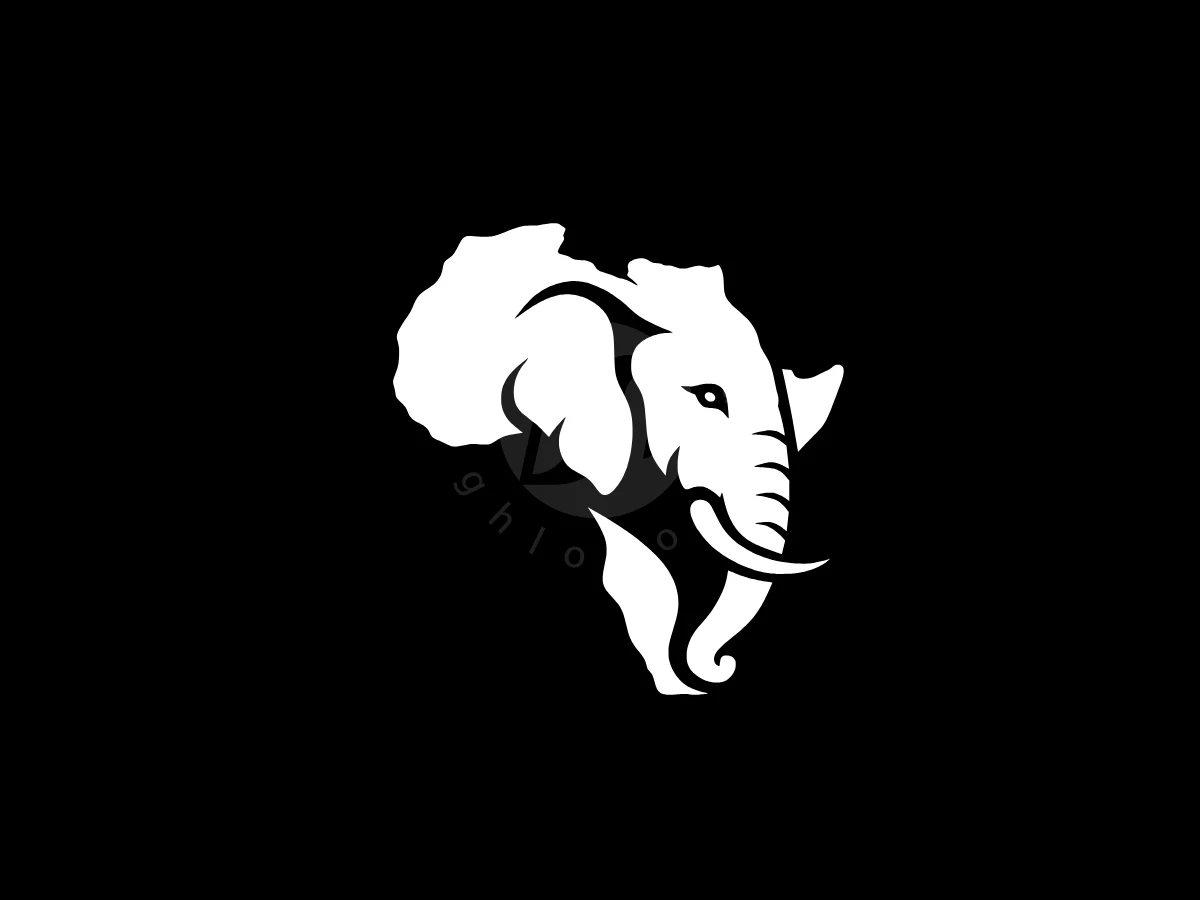Map Of Africa In The Shape Of An Elephant's Head, Against a solid black background, a white stylized elephant head seamlessly merges with the shape of Africa.