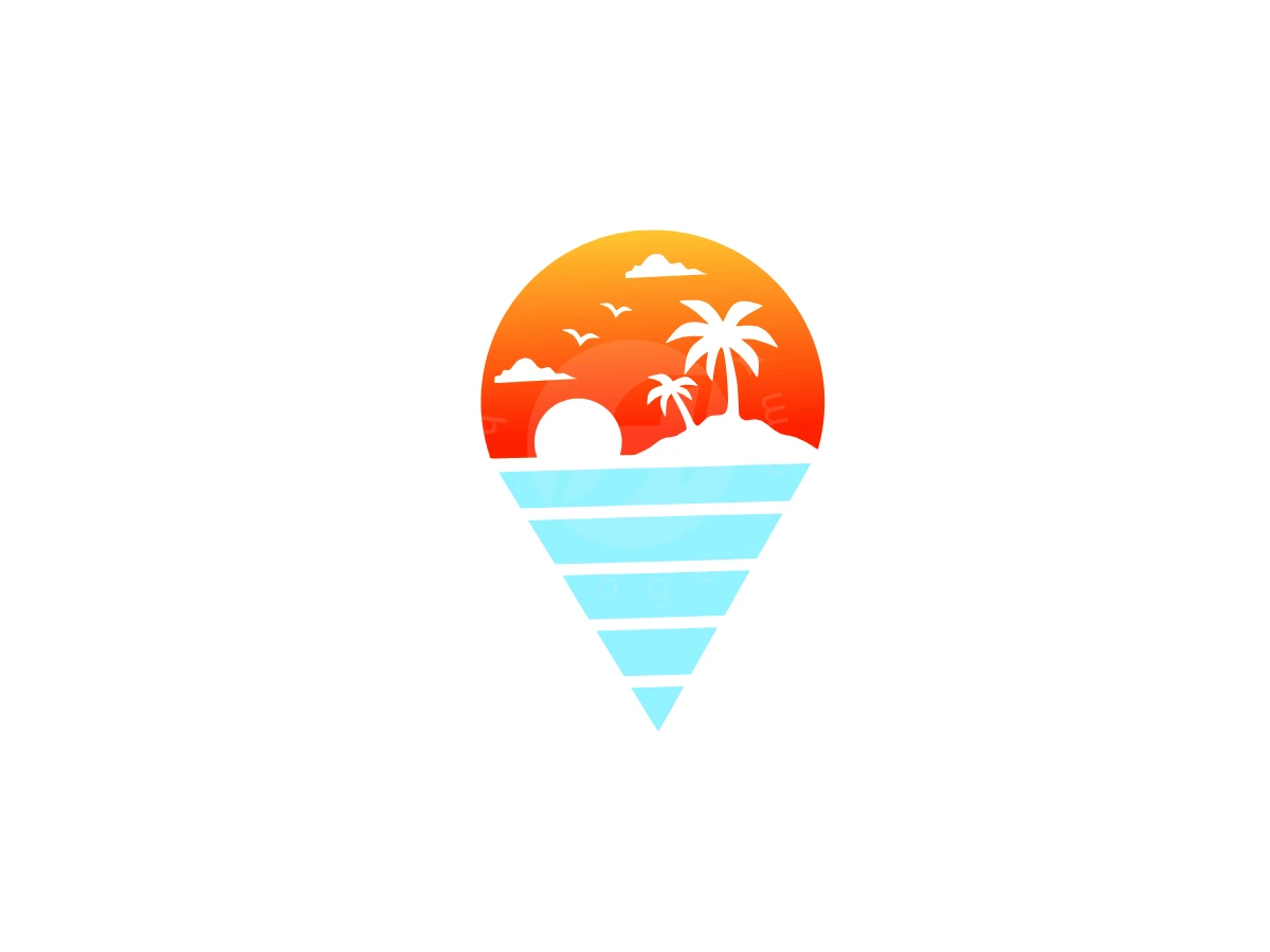 Tropical Sunset Logo In The Shape Of A Location Pin, Map marker silhouette showcasing a tropical beach sunset with palm trees above segmented light blue ocean waves.