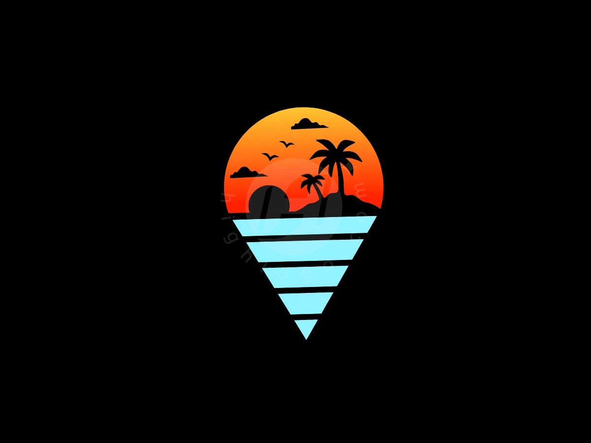 Tropical Sunset Logo In The Shape Of A Location Pin, Sunset colors glow behind palm tree silhouettes inside a pin-shaped graphic with blue striped water on black.