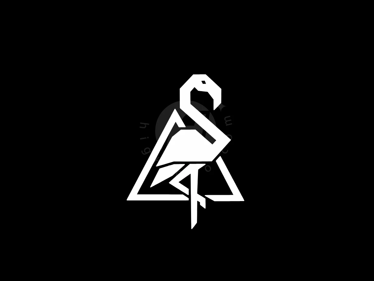 Modern Geometric Flamingo Logo, Flamingo composed of sharp, white geometric lines stands inside a triangular frame against a solid black background.