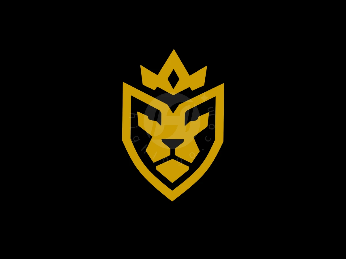 Lion Logo With Modern Shield Shape, Golden geometric lines shape a crowned lion's head inside a shield, set against a solid black backdrop.