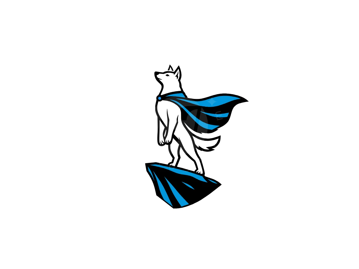 Standing Stylized Superhero Dog Logo, Wearing a flowing blue cape, a white dog stands heroically on a black and blue rocky cliff.