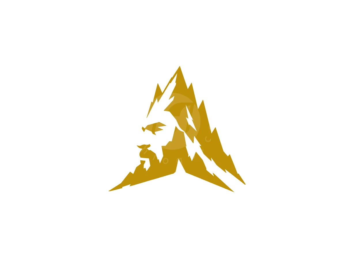 Mountain King Logo, Negative space within golden mountain peaks reveals a stylized bearded man's face profile on a clean white background.