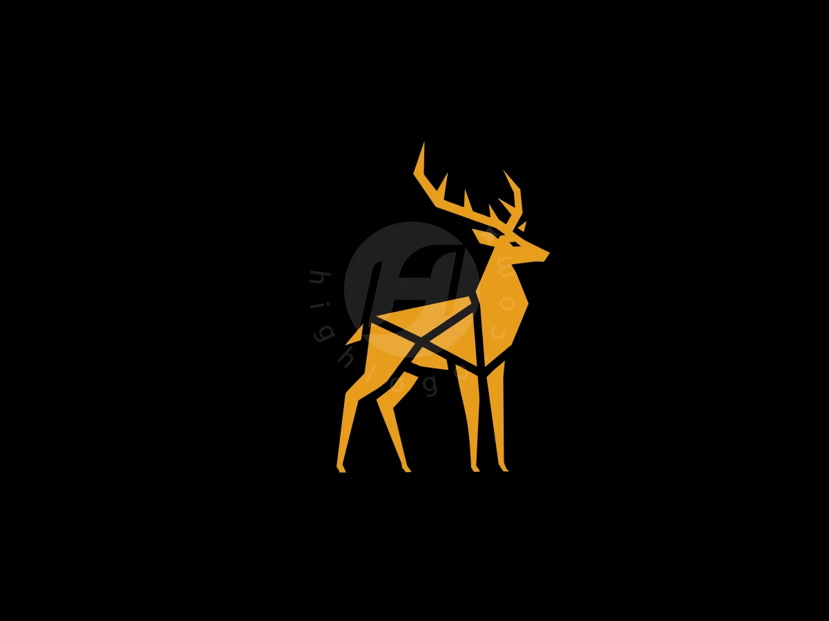 Deer And Envelope Logo, Against a solid black background, a stylized golden deer stands rendered in a geometric, polygonal design.