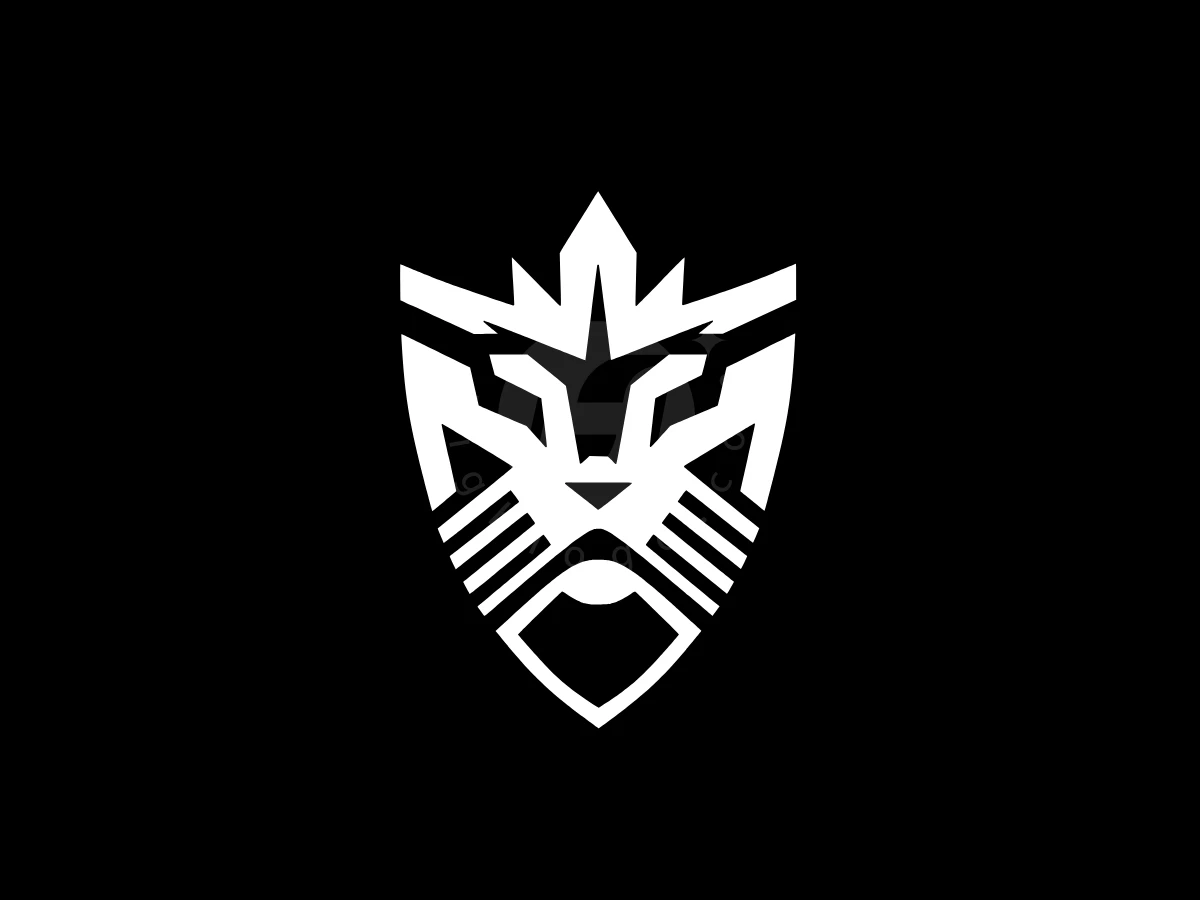 Geometric Shield Lion, Geometric white lines form a stylized lion head wearing a crown-like shield, set against a solid black background.