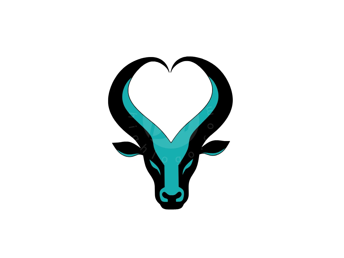 Antelope Love Logo, Bold black and teal curves depict a stylized bull head with horns forming a heart shape on white.