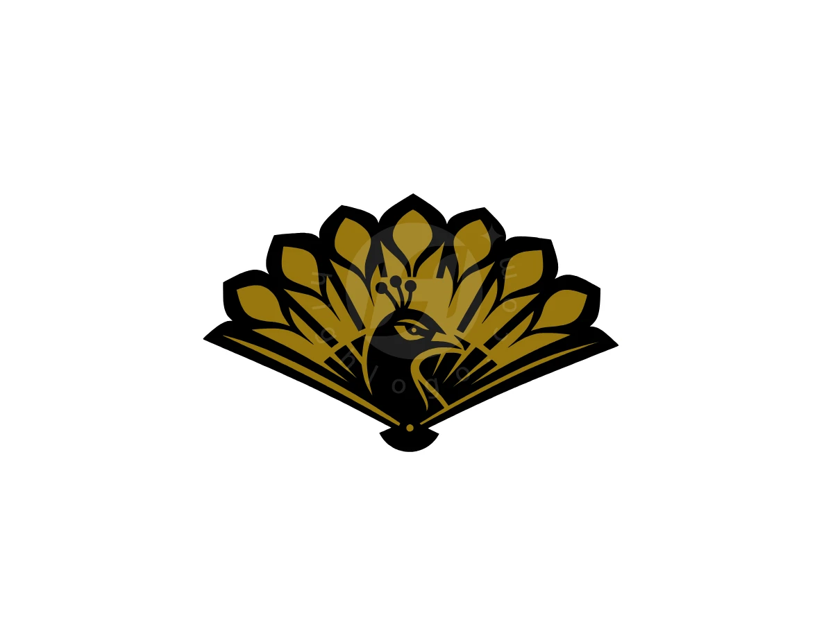 Peacock Fan Logo, Gold and black peacock head merges with an open folding fan, creating a stylized emblem on a white background.