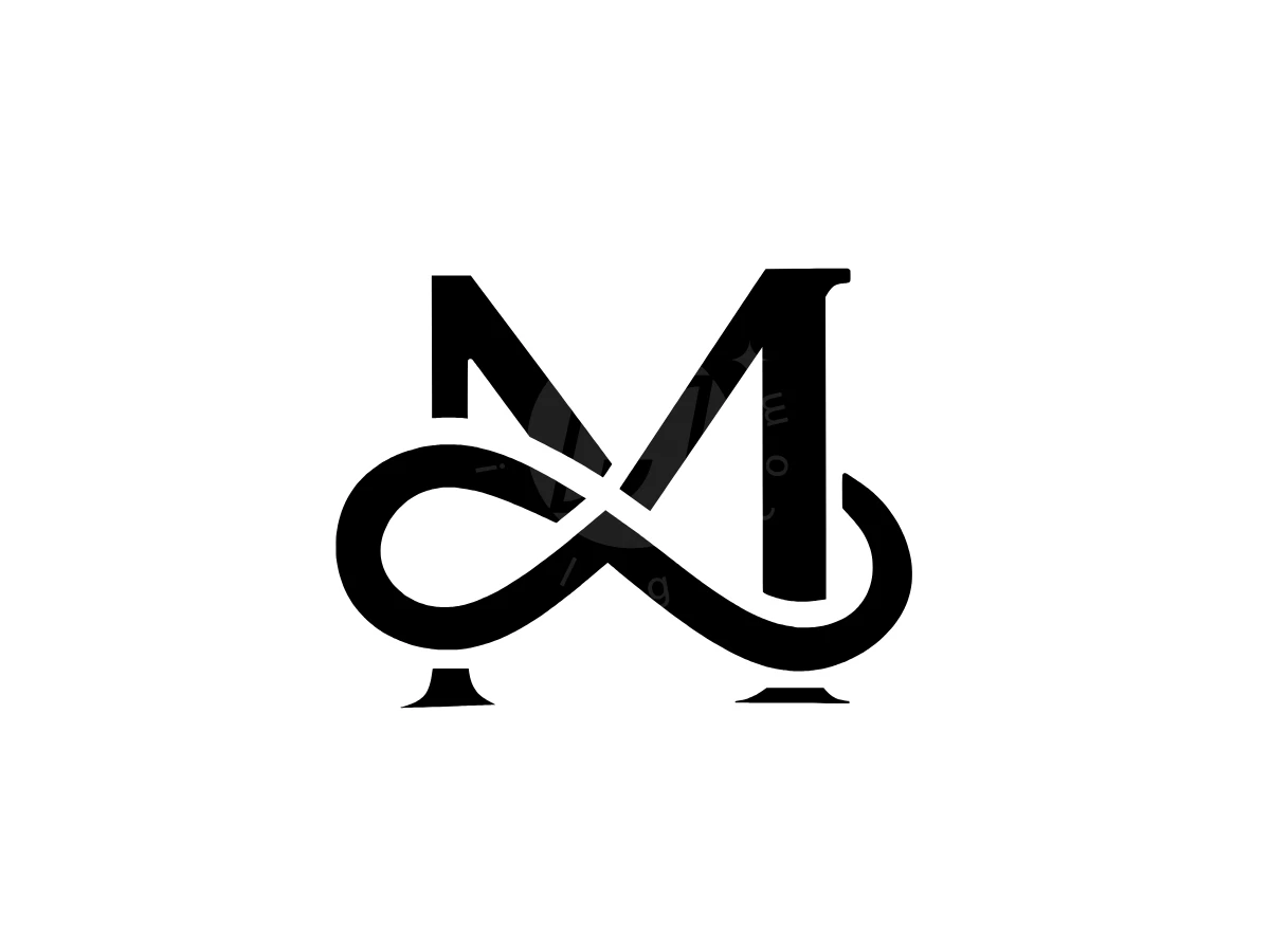 Infinity Letter M Logo, Curving gracefully, a black infinity loop intertwines with a classic serif letter M on a clean white background.