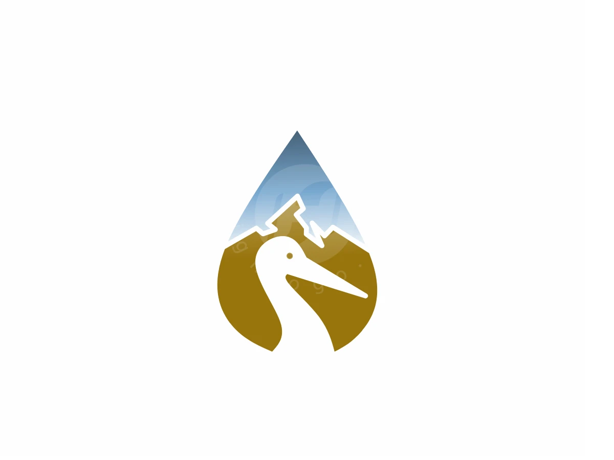 Pelican Negative Space Mountain Water Drop Logo, Inside a teardrop shape, a white stork silhouette is set against gold mountains and a blue sky gradient.