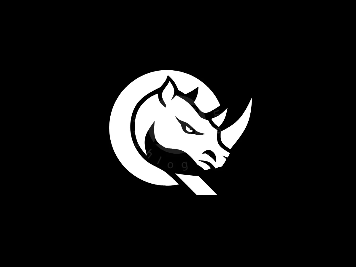 Rhino Logo Letter Q, Integrating a rhinoceros head into a white letter Q, this high-contrast emblem stands out against a black background.