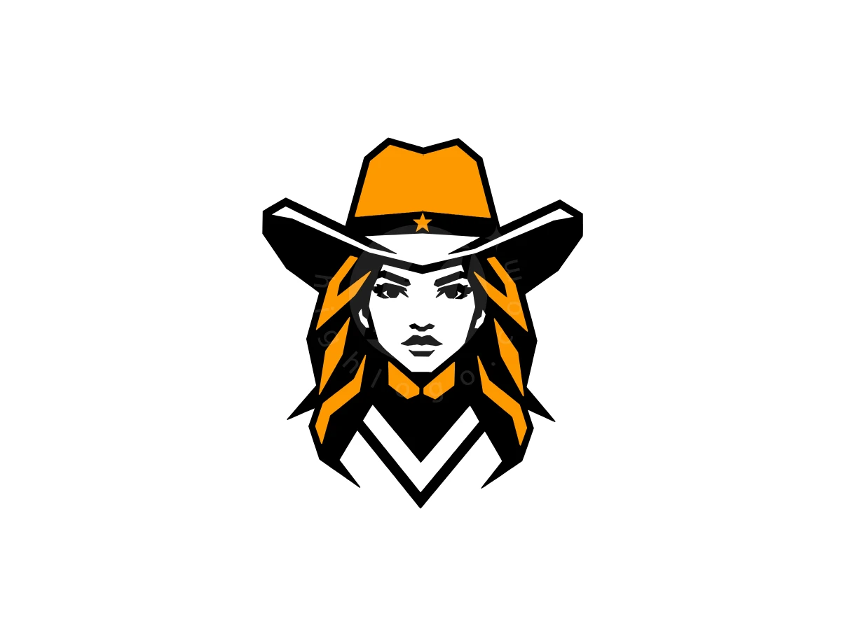 Brave Cowboy Girl Logo, Bold orange and black vector art portrays a cowgirl with a star-accented hat against a plain white background.