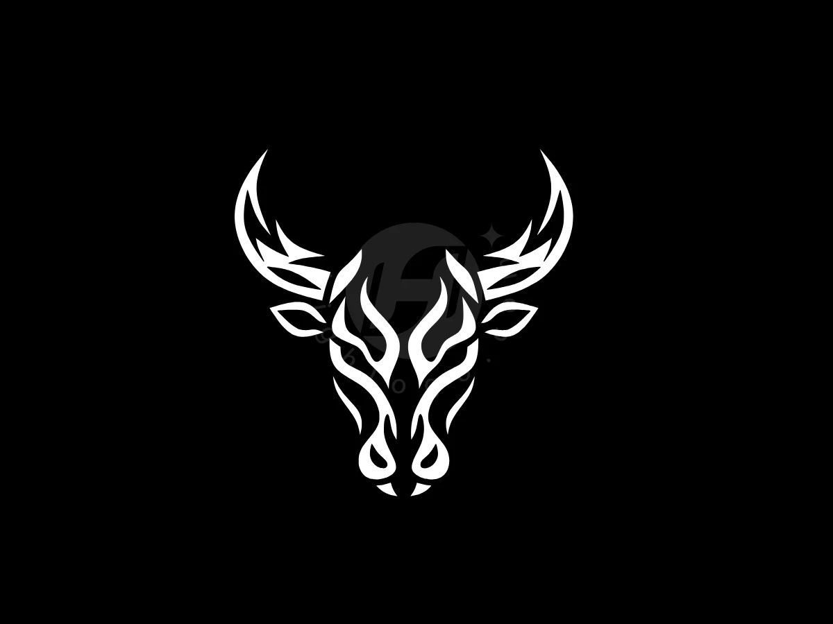 Tribal Style Bull Logo, Sharp white lines form a stylized, symmetrical bull head with curved horns against a solid black background.