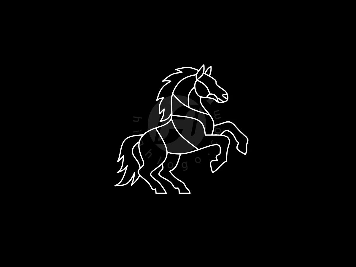 Minimal Line Art Horse Logo, Rearing majestically, a white line-art horse is depicted in a stylized geometric design against a solid black background.