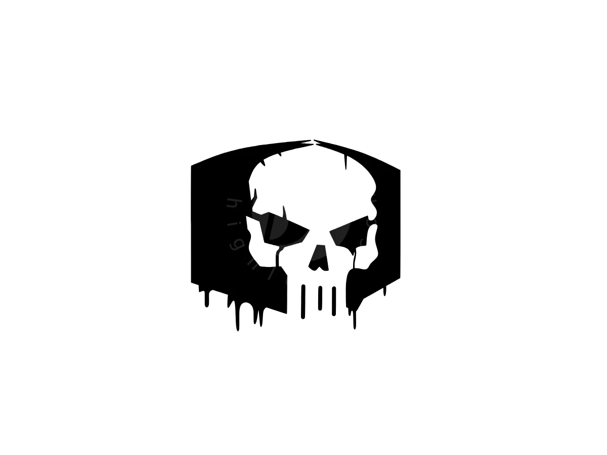 Skull Badge Logo, Within a dripping black hexagonal block, a stylized white skull stands out against a stark white background.