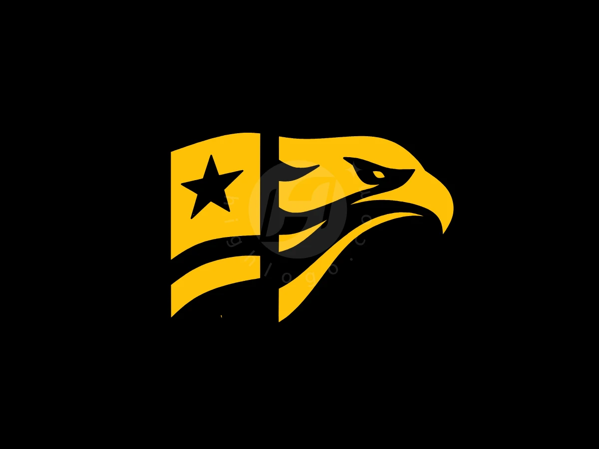 Eagle Flag Logo With One Star, Merging a stylized yellow eagle head with a starred flag, this high-contrast graphic stands against a black background.