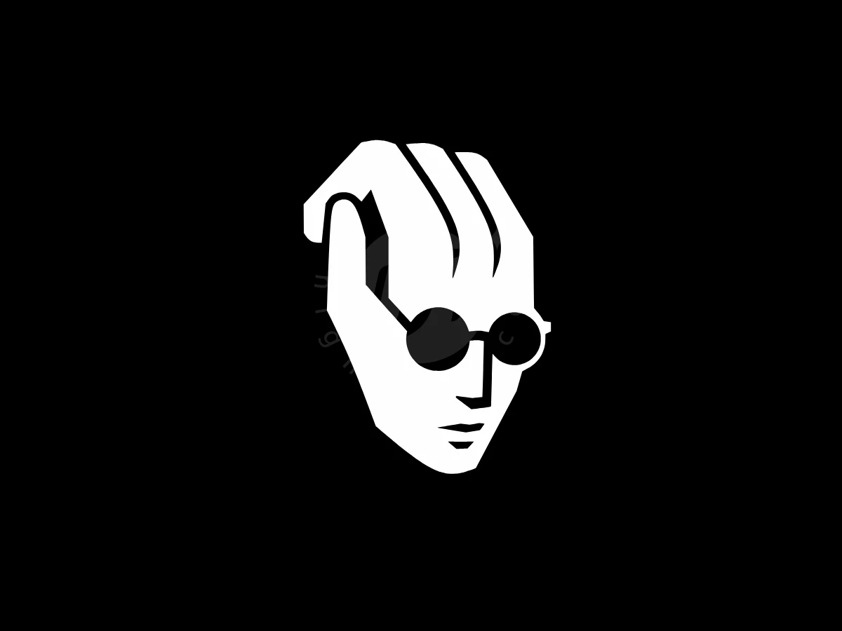 Logo Of Hands Forming A Face With Glasses, Sharp white contours form a face merging with a hand wearing round sunglasses on a solid black background.