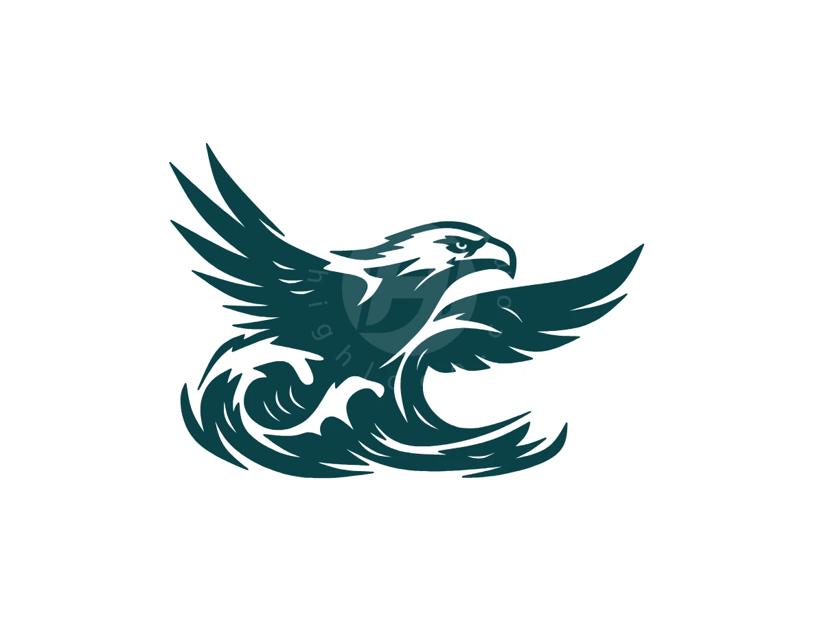 Eagle Wave Logo, Ocean waves crash beneath a stylized dark teal eagle with outstretched wings, rendered on a plain white background.