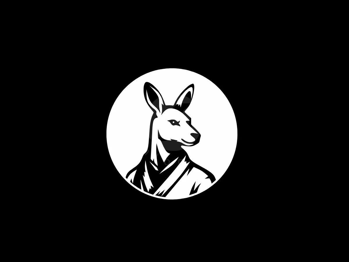 Kangaroo Warrior Logo, Inside a white circle, a stylized black and white kangaroo wearing a gi is set against a black background.