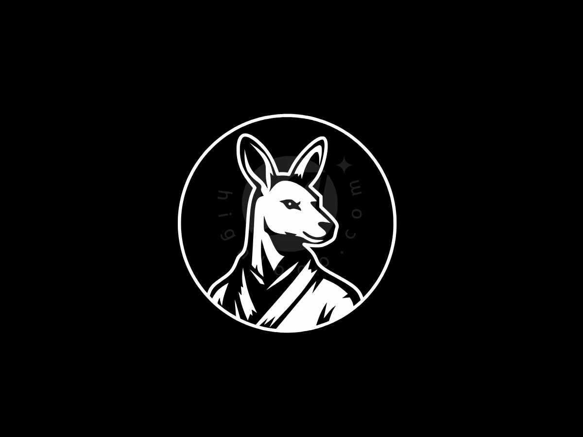 Kangaroo Warrior Logo, Monochromatic circular emblem showcases a stylized white kangaroo vector illustration centered on a solid black background.