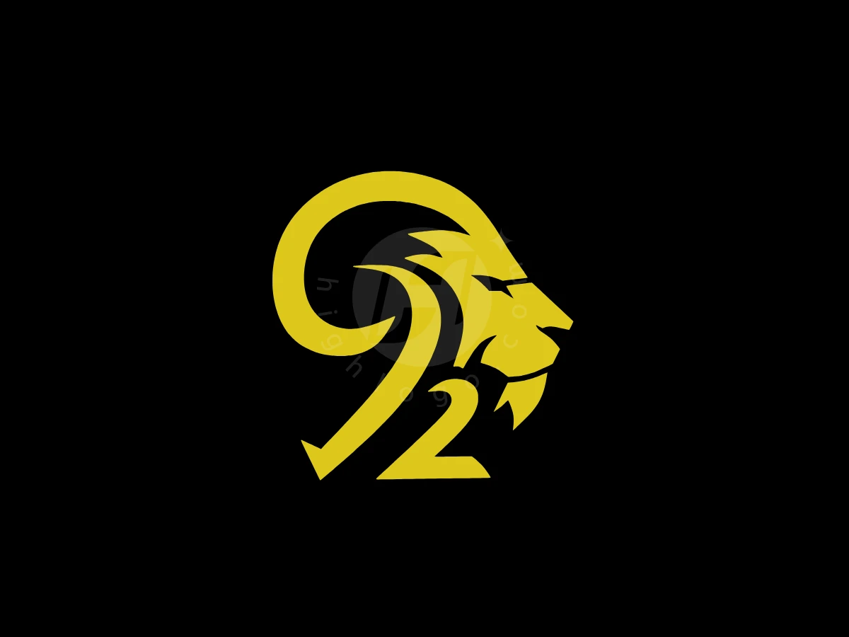 Lion Logo Number 92, Merging a lion's head with a ram's horn, this yellow graphic forms the number 92 against black.