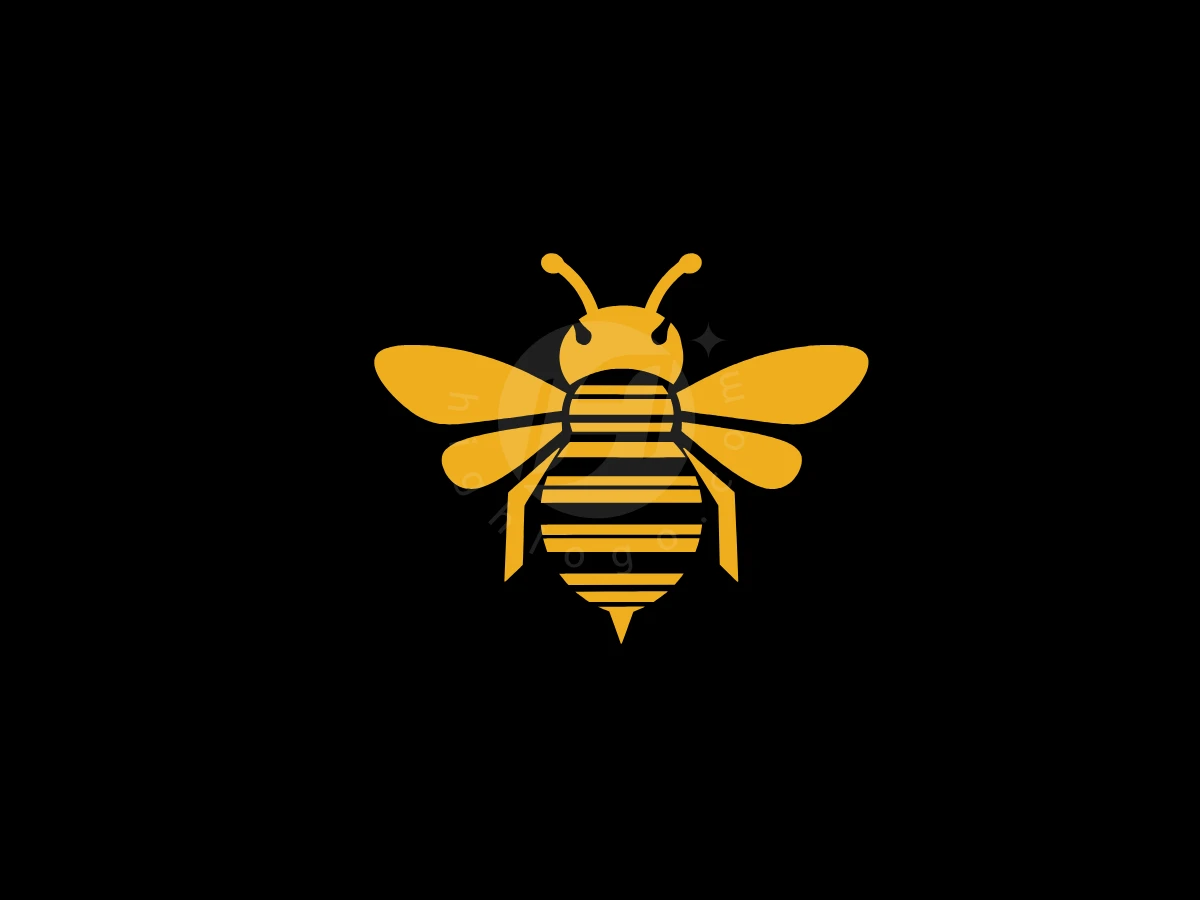 Barcode Bee Logo, Golden yellow bee icon featuring horizontal black stripes and spread wings centered on a solid black background.