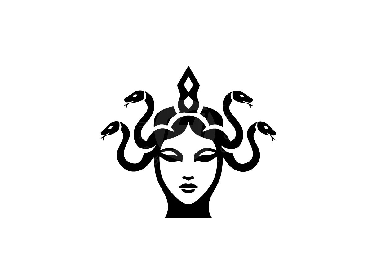 Minimalist Medusa Logo, Four stylized black snakes curve around a symmetrical woman's face under a geometric crown in high-contrast vector style.
