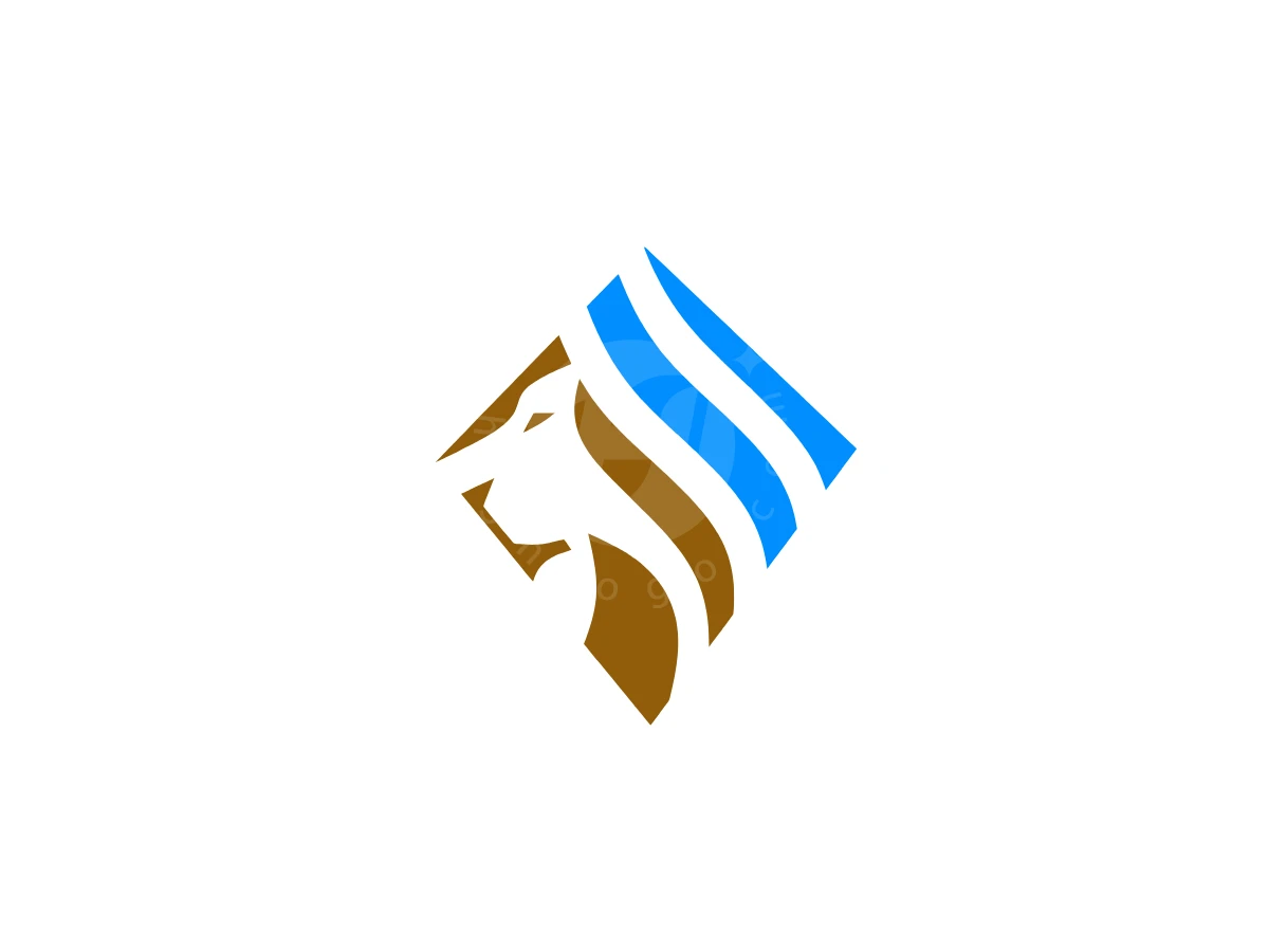 Abstract Minimalist Lion Piston Logo, Negative space shapes a lion's profile inside a diamond composed of brown and blue curved stripes.