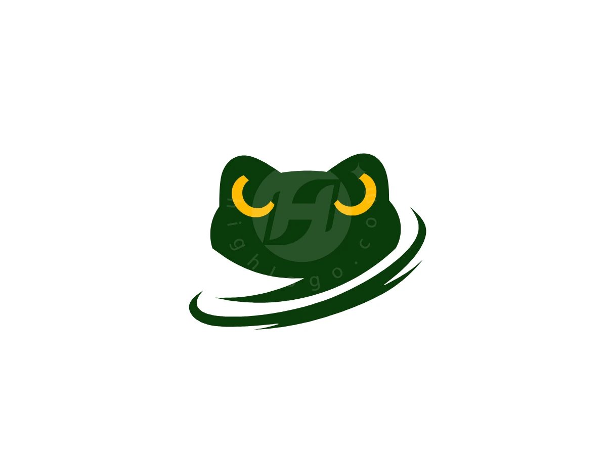 Strong Big-eyed Frog Head Logo, Frog head graphic rendered in dark green displays bright yellow crescent eyes and swooping swooshes on white.