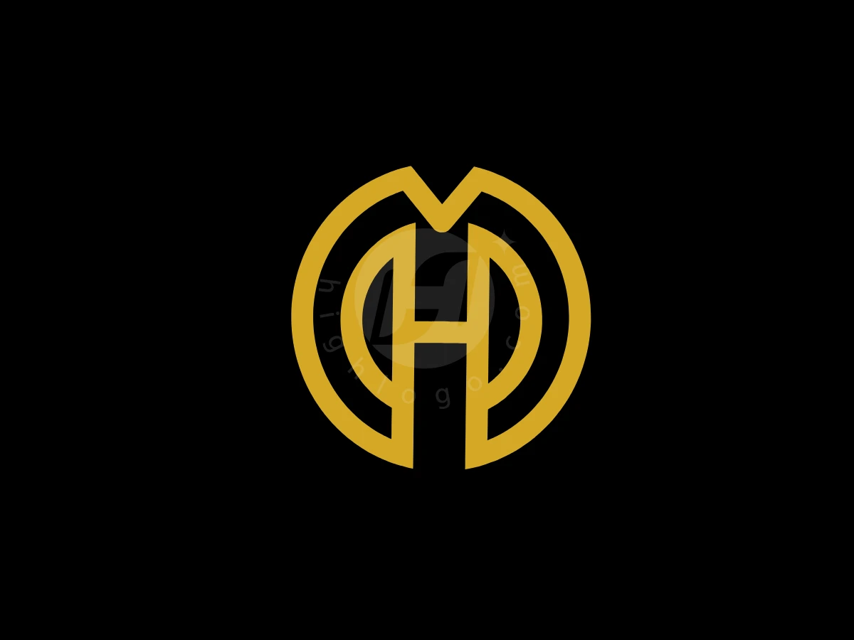 MH Or Hm Monogram Letter Logo, Interlocking gold geometric lines form a circular stylized monogram emblem centered on a solid black background.