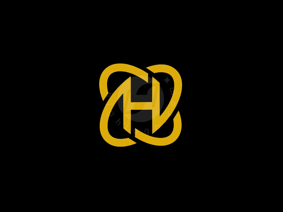 Modern Interlocking Letter H Logo, Against a solid black backdrop, an interlocking gold letter H features surrounding fluid, looping geometric curves.