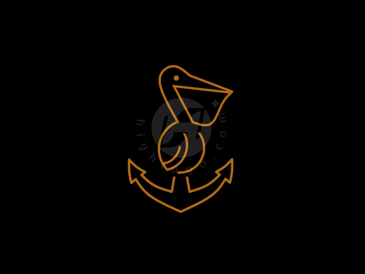 Minimalist Anchor Pelican Logo, Nautical anchor and pelican shapes merge in golden line art centered on a solid black background.
