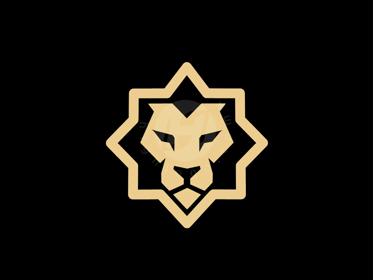 Eight-pointed Star Square Lion Logo, Gold geometric lion face features sharp angular lines enclosed within an eight-pointed star outline on a black background.